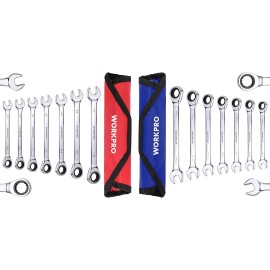 WORKPRO 14 PIECE Ratcheting Combination Wrench Set Metric&SAE with Roll Up Pouch - 7 PIECE METRIC&7 PIECE SAE