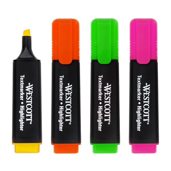Westcott highlighter markers 4 pieces in green, yellow, orange, pink