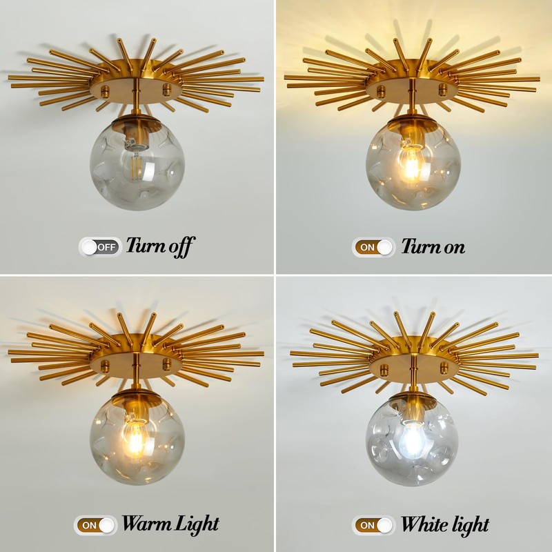 UOFUS Gold Sunburst Semi Flush Mount Ceiling Light Fixture with
