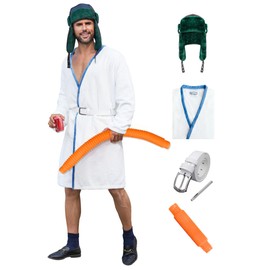 Mainfini 4 Pcs Men’s Holiday Cousin Robe Costume Set White Satin Bathrobe with Trapper Hat Belt Pipe Comfortable Pajamas Set XL