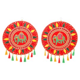 Set of 2 Round Elephant Mat Sequence Work Wall Door Hanging Toran with Tassel for Home Office Wedding Party Festive Rajasthani for Indian Traditional New Year Decoration (Multicolor)(Size-17"X17") Red
