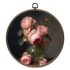 OINDADE Pink Vintage Peony Round Wall Art Decor, Moody Dark Floral Hanging Wall Art, Retro Shabby Chic WallDecor, Pink Coquette Floral Flowers Framed Canvas Artwork for Living Room, 10x10in