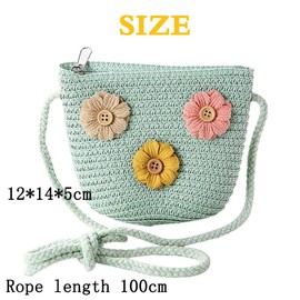 HGSHUO Girls' Bags Flowers Straw Bag with Zip Straw Bag Crossbody Bag Straw Shoulder Bag Boho for Holiday Travel Outdoor Activities Easter Party Bag Gifts Green