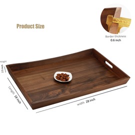 MAGIGO 28 x 18 Inches Large Rectangle Curved Black Walnut Wood Ottoman Tray with Handles, Serve Tea, Coffee, Classic Wooden Decorative Serving Tray