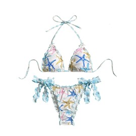 BEAUDRM - Conjunto de bikini de 2 piezas para mujer, estampado floral, con volantes, corbata, sin espalda, traje de baño, Azul y blanco, Large