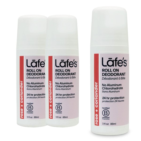 Lafe's Natural Deodorant | 3oz Roll-On Aluminum Free Natural Deodorant for Men & Women | Paraben Free & Baking Soda Free with 24-Hour Protection | Rose & Coriander - Formerly Bliss | 3 Pack | Packaging May Vary
