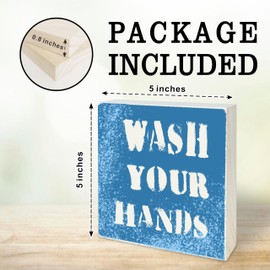 Bathroom Wooden Block Sign - Wash Your Hands - Natural Solid Pine Wood Tabletop Decor, Shelf, Counter, Farmhouse, Gifting Idea, Home & Office Decoration(Blue) - D10