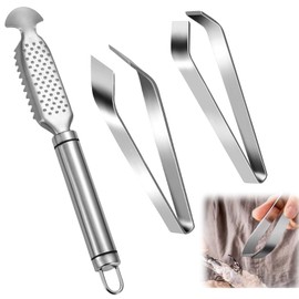 QINGYIWL Fish Scaler Stainless Steel Fish Scale Remover with 2 Bone Tongs, Professional Fish Scaler Kitchen Aid for Seafood, Poultry
