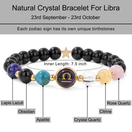 AVIZCVE Zodiac Bracelets for Women 12 Constellations Healing Crystal Stone Beads Bracelet Birthday Zodiac Gifts Horoscope Spiritual Bracelet (Libra)