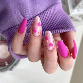 Valentine's Day Press on Nails Pointed Medium Fake Nails with Rose Red Heart Designs False Nails Full Cover Glue on Nails Stick on Nails Reusable Valentine Romantic Nail Decoration for Women 24Pcs