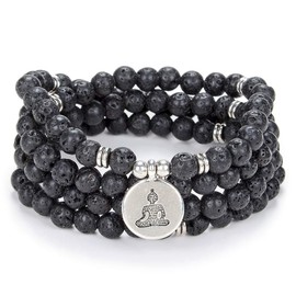 Zen Buddha Necklace Mala Prayer Stone Beads 108 Bracelet with Yoga Lucky Charm for Meditation (Black Lava Stone)