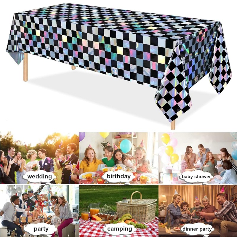 2 Pack Black and Iridescent Checkered Plastic Tablecloth, 54" x