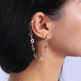 Xduargs Boho Star Ear Cuff Earrings Gold Star Hoop Chain Earrings Vintage Hollow Star Cartilage Chain Clip Earrings CZ Chain Crawler Climber Earrings Jewelry for Women