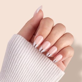 VSALON Press-On Nails - Short Almond French Tip Nude Pink Fake Nails, 32 PCS in 16 Sizes, Reusable Nail Kit with Long-Lasting UV Glue, Adhesive Tabs & Nail Glue (Swordswomen)