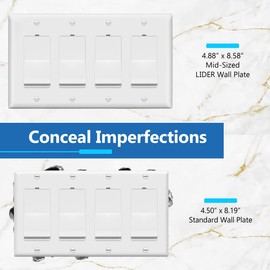 LIDER Matte Finish Quadruple Decorator Switch Cover, 4 Gang Outlet Wall Plate, Mid-Size 4-Gang 4.88" x 8.58", Unbreakable Polycarbonate Thermoplastic, UL Listed, LWP-34M-W, White