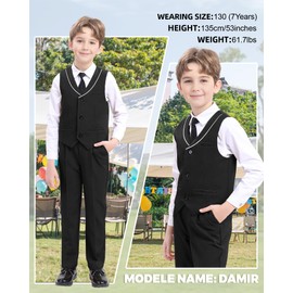 LOLANTA Vest Pants Set for Big Boys' Modern Fit Wedding Ring Bearer Outfit with Dress Shirt Necktie (Black, 11-12 Years)