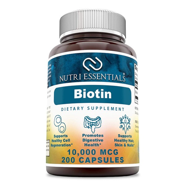 Nutri Essentials Biotin 10,000 Mcg 200 Capsules (Non-GMO)- Supports Healthy Hair, Skin & Nails - Promotes Cell Rejuvenation and Energy Production*