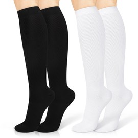 2 Pairs Compression Socks for Women & Men(15-20 mmHg), Compression Stocking for Travel, Nurse, Running (Black+White, Small-Medium)