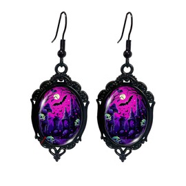 Gothic Bat Cameo Earrings,Vintage Crystal Glass Bat Dangle Earrings Punk Style Dark Oval Earrings Goth Victorian Earrings Festival Jewelry for Women (C)