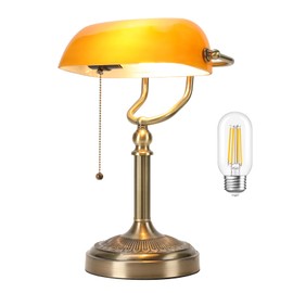 NISSAFORS Bankers Desk Lamp, Amber Glass Shade, Vintage Desk Lamp with Pull Chain Switch, Retro Table Lamps for Home Office LED Bulb Included (Brass+Amber, Large)