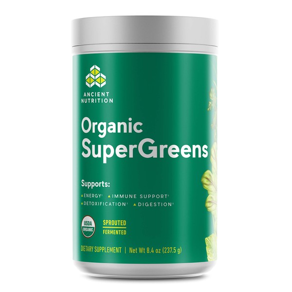 Ancient Nutrition Organic SuperGreens - Digestive Enzymes, Fermented Foods, 2 Billion CFU Probiotic Blend, USDA Certified Organic, Peppermint Flavor, 8.4oz