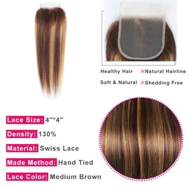 Human Hair Closure 4x4 Lace Highlights P4/27 Two Tone Brown Mix Honey Blonde 18 Inch Straight Transparent Lace Pre Plucked With Baby Hair 4x4 Lace Closure Human Hair