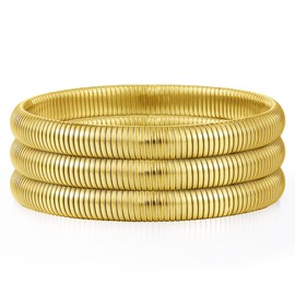 Emibele Gold Bangle Bracelet Set 3Pcs, 8mm Chunky Stainless Steel Non Tarnish 18K Gold Plated Bracelet Stack, Flexible Stretch Wide Wristband Bangle Layered Snake Chain Bracelet for Women