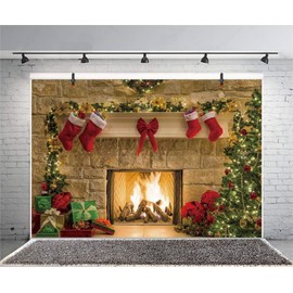 Xiaoterna 8x6ft Merry Christmas Backdrop for Photography Fireplace Fire Backdrop Trees Xmas Fireplace Red Bow Stocking Background Winter Christmas Holiday Home Party Photo Studio Prop