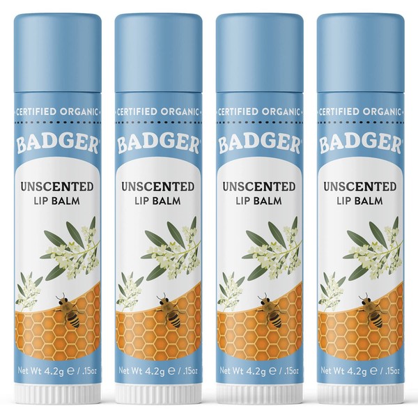 Badger - Classic Lip Balm, Unscented, Made with Organic Olive Oil, Beeswax & Rosemary, Certified Organic, Moisturizing Lip Balm, 0.15 oz (4 Pack)