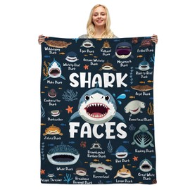 Shark Blanket for Kids Adults Boys, Shark Gifts for Shark Lovers, Shark Faces Blanket Shark Themed Gifts, Types of Sharks Throw Blanket Soft Flannel Educational Birthday Home Decor 50''x 40''