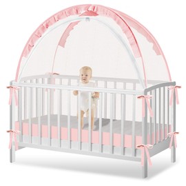 Crib Tent to Keep Baby from Climbing Out - Crib Net to Keep Baby in - Pop Up Breathable Cribs Cover - Canopy with Upgrade Strong Mesh and Durable Zipper (Pink, Lager)