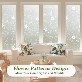 Qualsen Window Film Privacy Film for Glass Windows Frosted Window Film Flower Pattern Stained Glass Window Film Decorative Window Sticker Static Cling Glass Film 30 x 200 cm, P014W