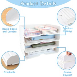 SHAIDOJIO Paper Organizer Letter Trays 4 Tier, Stackable Desk Organizer and Storage with 4 File Tray, White Paper Organizer for A4 Paper Magazines Book Folders File Documents Receipts Office Supplies