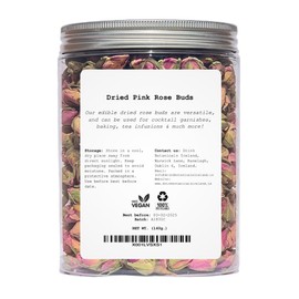 Drink Botanicals Ireland Edible Dried Pink Rose Buds | 100% Natural | 300+Roses | Dry Roses For Soap Making, Tea, Cocktail Flowers, Decorations, Wedding Confetti |140 Grams 4.93 Oz |Recyclable PET Jar