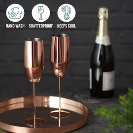 Oak & Steel - 6 Rose Gold Champagne Flutes, 280ml - Stainless Steel Rose Gold Prosecco Glasses with Gift Box