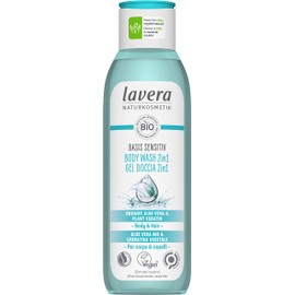 lavera basis sensitiv Body Wash 2in1 - Body Wash with organic aloe vera and plant keratin - gently cleanses hair and skin - protects the skin flora - silikon free - vegan - organic (1 x 250 ml)