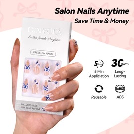 CINYOLA Press on Nails Almond, French Tip Stick on Fake Nails, Medium Boho Acrylic False Nails, 24 Pcs Reusable Glue on Nails Kit for Women