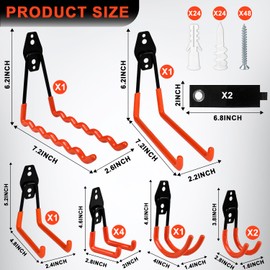 Steel Garage Storage Hooks - 12 Pack Anti-Slip Coating Hooks Set, Heavy Duty Wall Mount Hooks for Hanging Bike, Ladder, Garden Tools with Extension Cord Holder Organizer (Orange)