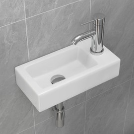 J-FAMILY Small Wall Mount Bathroom Sink Rectangle Ceramic Mini Vessel Sink Small Wash Hand Basin for Space Saving,Right Hand