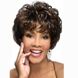 AUBWIG Women's Short Curly Wavy Wig Black Brown Short Curly Fluffy Cosplay Costume Wig Tiered Full Wigs Synthetic Wigs (Black-Brown)