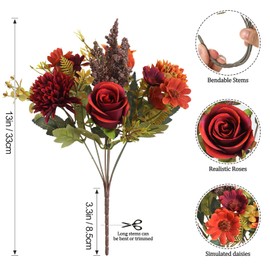 Dremisland Artificial Fall Flowers Like Real Artificial Bouquet 4 Packs Silk Artificial Roses Bouquet with Daisy Chrysanthemum Orange Red Fall Flowers for Centerpiece Table Wedding Autumn Decor