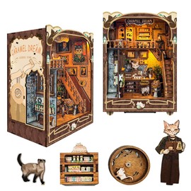 STRUCWOOD Book nooks DIY Dollhouse kit for Adults Bookshelf Decor with LED Lights 3D Wooden Puzzle Model booknooks Kits Gifts for Family, Friends SQ-03 (Caramel Dreams)
