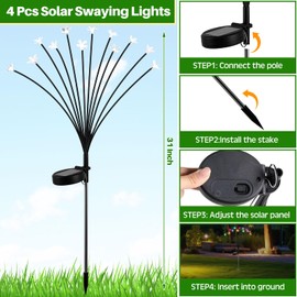 Rossesay 4 Pcs Solar Firefly Lights for Garden Swaying Lights Decoration Outdoor Garden Fairy Light for Yard Pathway Patio Lawn Waterproof Firefly Stake for Outside Holiday Decor(Flower)