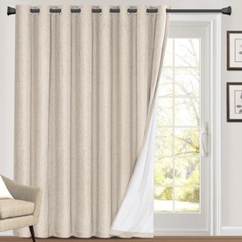 PrinceDeco 100% Blackout Linen Look Patio Door Curtain 108 Inches Long Extra Wide Thermal Insulated Grommet Curtain Drapes for Living Room/Sliding Glass Door,W100 x L108 inch, Natural