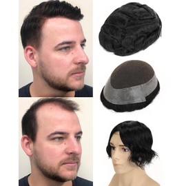 BEEOS French Lace Toupee Hair for Men, 8x10 Inch Australia Mens Toupee Breathable Lace Top with Transparent PU Around, 130% Density Natural Hairline Mens Hair Piece #1 Jet Black