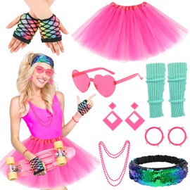 Hifot 80s Outfit Women, Neon Tutu Headband Earring Necklace Bracelet Mesh Gloves 80s Accessories for Neon Theme Party 80s 90s Carnival Fancy Dress Costumes