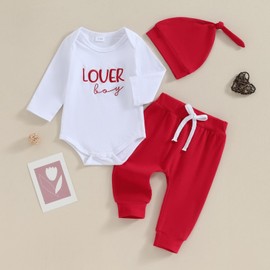 Newborn Valentines Day Outfit Baby Boy My First Valentines Day Outfits Onesie Romper+Pants+Hat Infant Clothes Set (Lover Boy Embroidered Red, 0-3 Months)