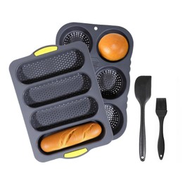 WCFOA Hamburger Bun Pan and Hot Dog Bun Pan With Spatula Brush, Silicone Hamburger Bun Pans for Baking, Nonstick French Bread Baking Pan for Baking Homemade Bread (Black)