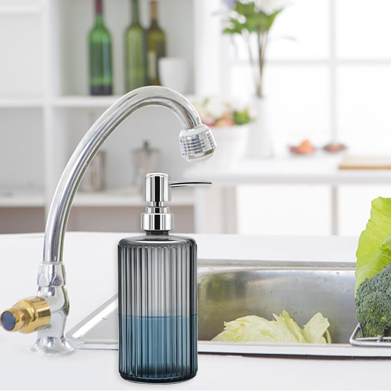 Glass Soap Dispenser - 17oz Ribbed Clear Glass Bottle with