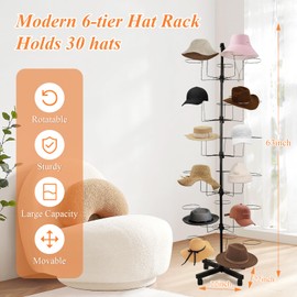 tonchean Hat Rack Stand, 6-Tier Modern Large Freestanding Hats Display Rack with 30 Hooks, Metal Retail Wig or Hat Display Stand, Rotating Floor Rack for Hats and Wigs